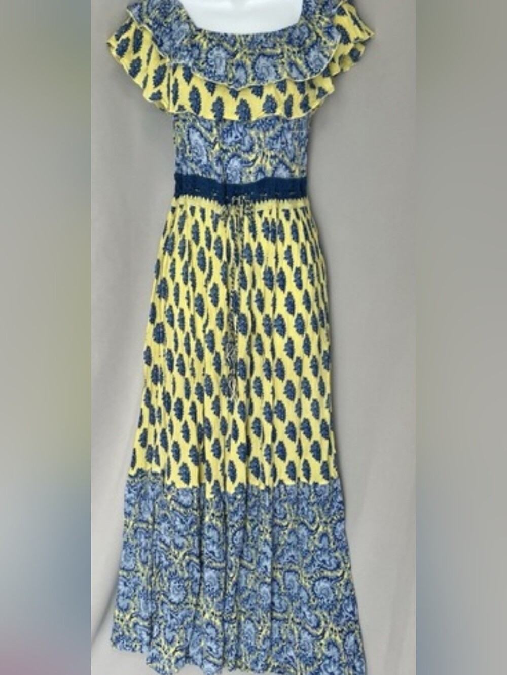 Raga Sunlit Daze Yellow &Blue Floral Maxi Pull-on Dress, Ruffle Off-shoulder, XS